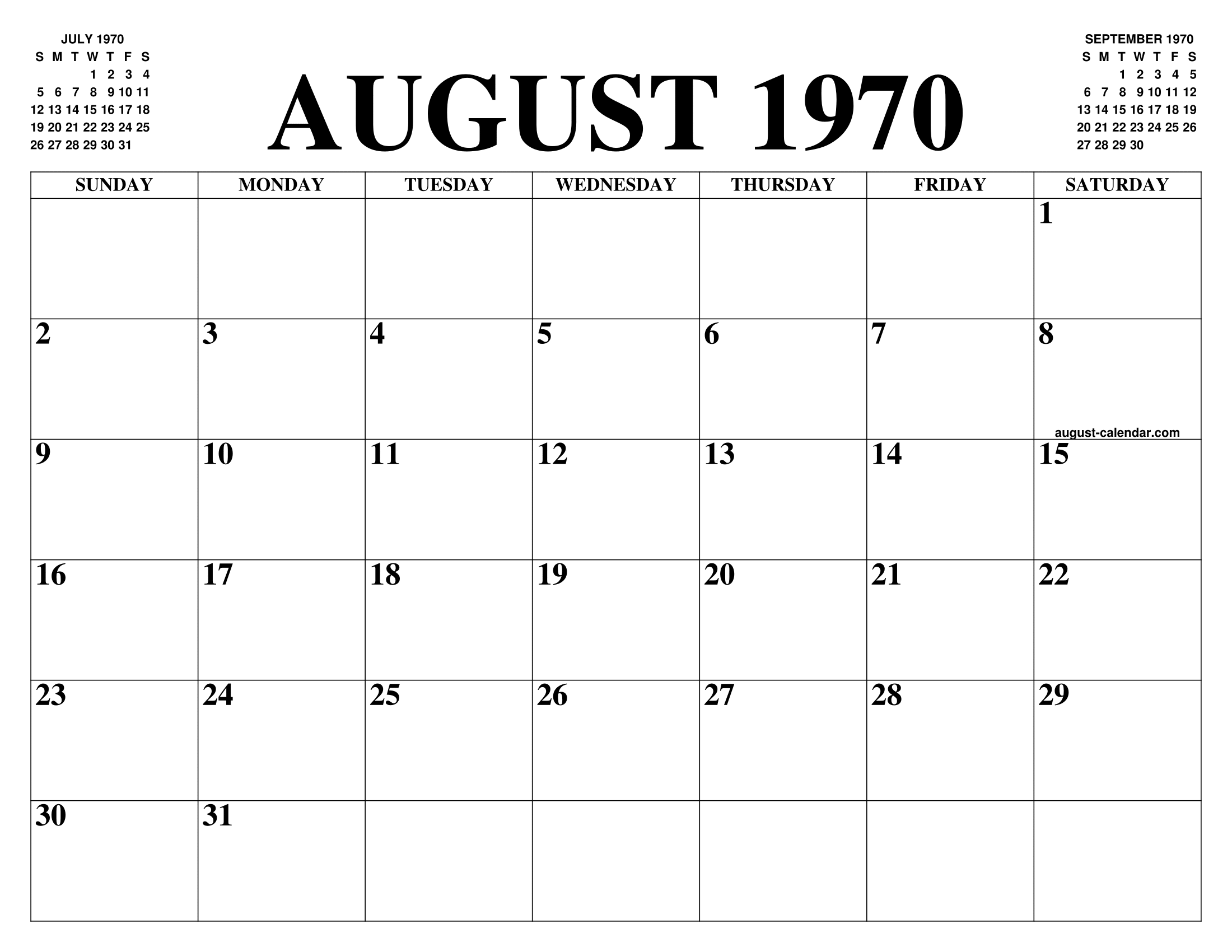 AUGUST 1970 CALENDAR OF THE MONTH: FREE PRINTABLE AUGUST CALENDAR OF THE  YEAR - AGENDA