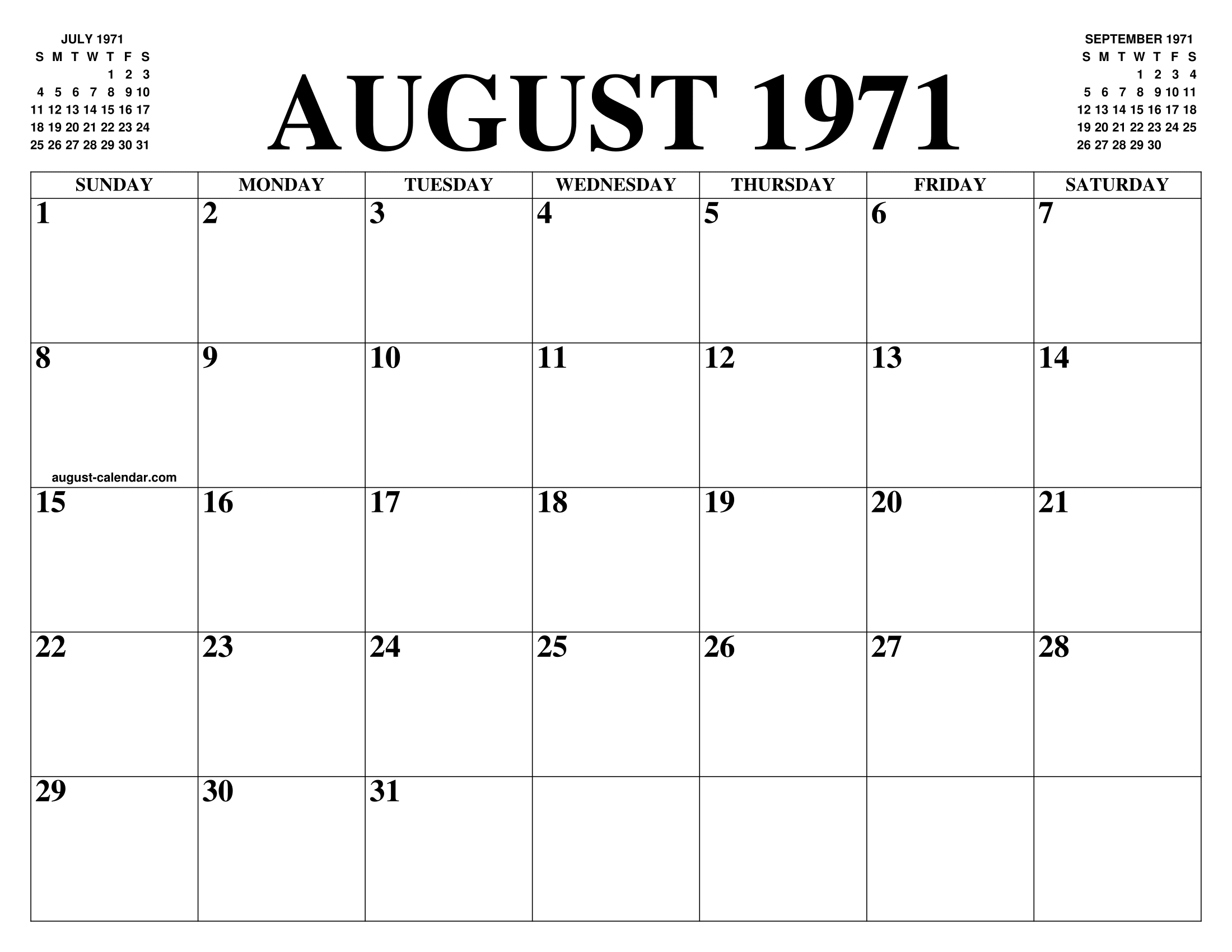 AUGUST 1971 CALENDAR OF THE MONTH: FREE PRINTABLE AUGUST CALENDAR OF THE YEAR - AGENDA AUGUST 1971 CALENDAR OF THE MONTH: FREE PRINTABLE AUGUST CALENDAR OF THE YEAR - AGENDA