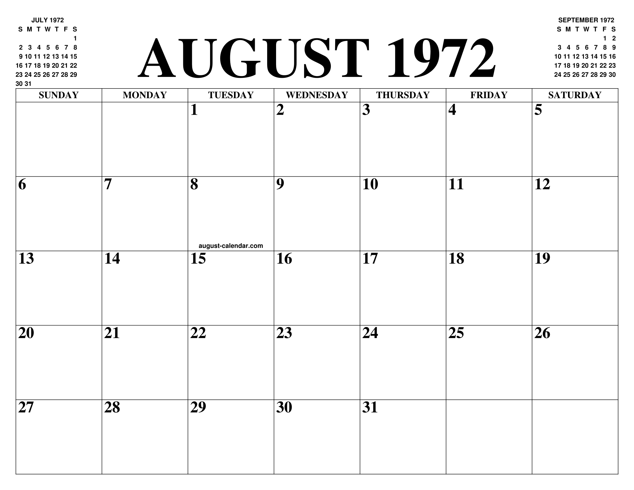 AUGUST 1972 CALENDAR OF THE MONTH: FREE PRINTABLE AUGUST CALENDAR OF THE  YEAR - AGENDA