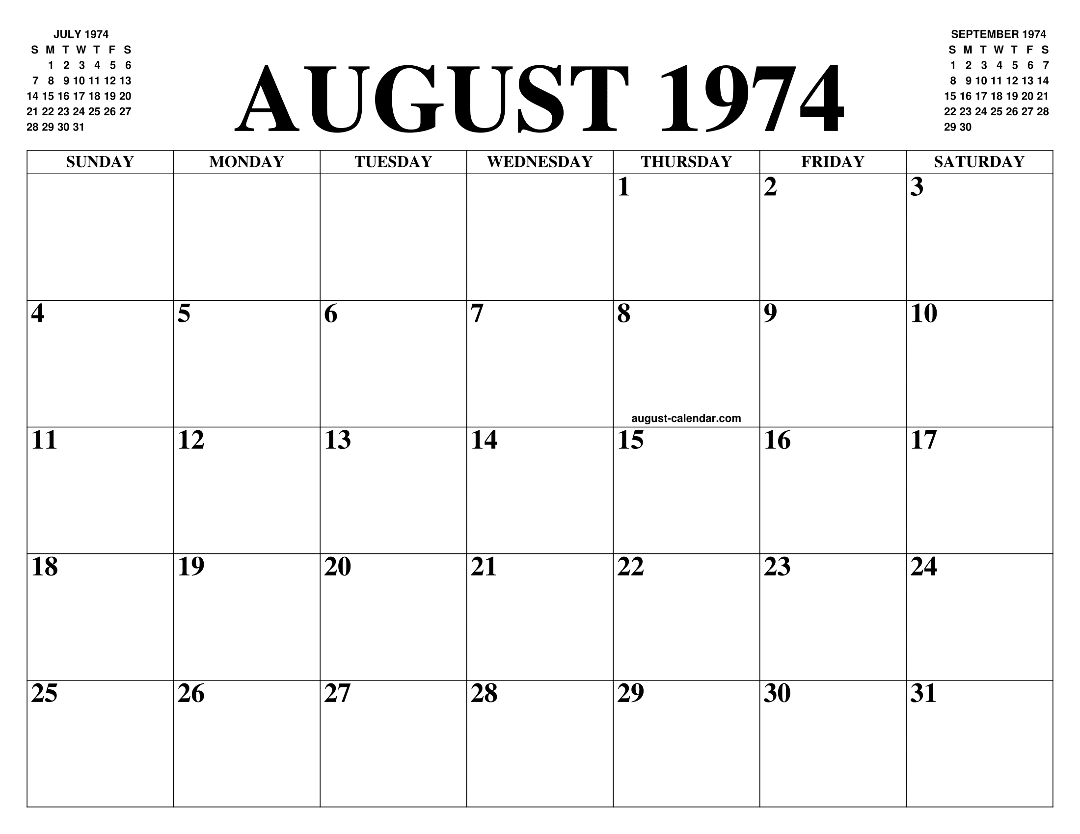 AUGUST 1974 CALENDAR OF THE MONTH: FREE PRINTABLE AUGUST CALENDAR OF THE YEAR - AGENDA