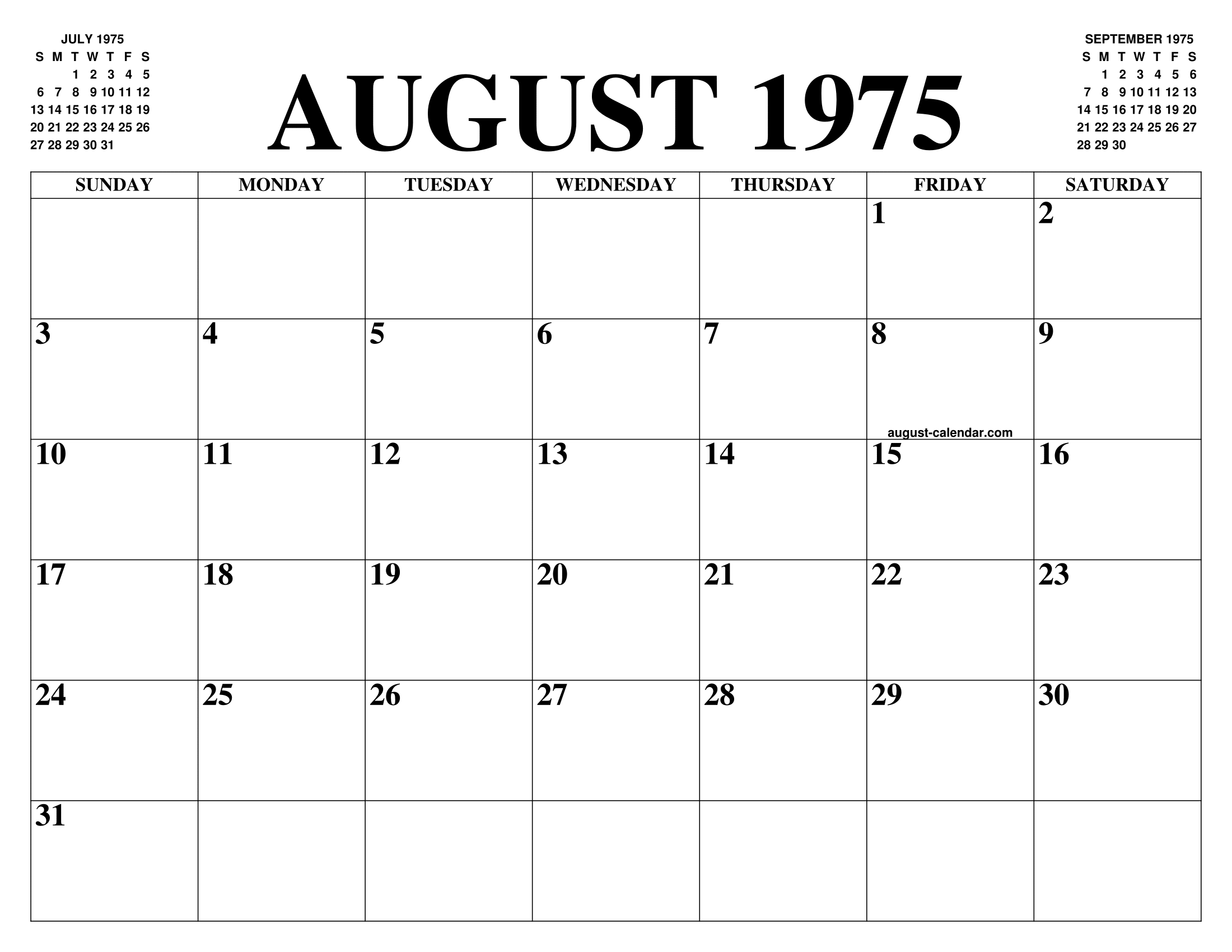 AUGUST 1975 CALENDAR OF THE MONTH FREE PRINTABLE AUGUST CALENDAR OF
