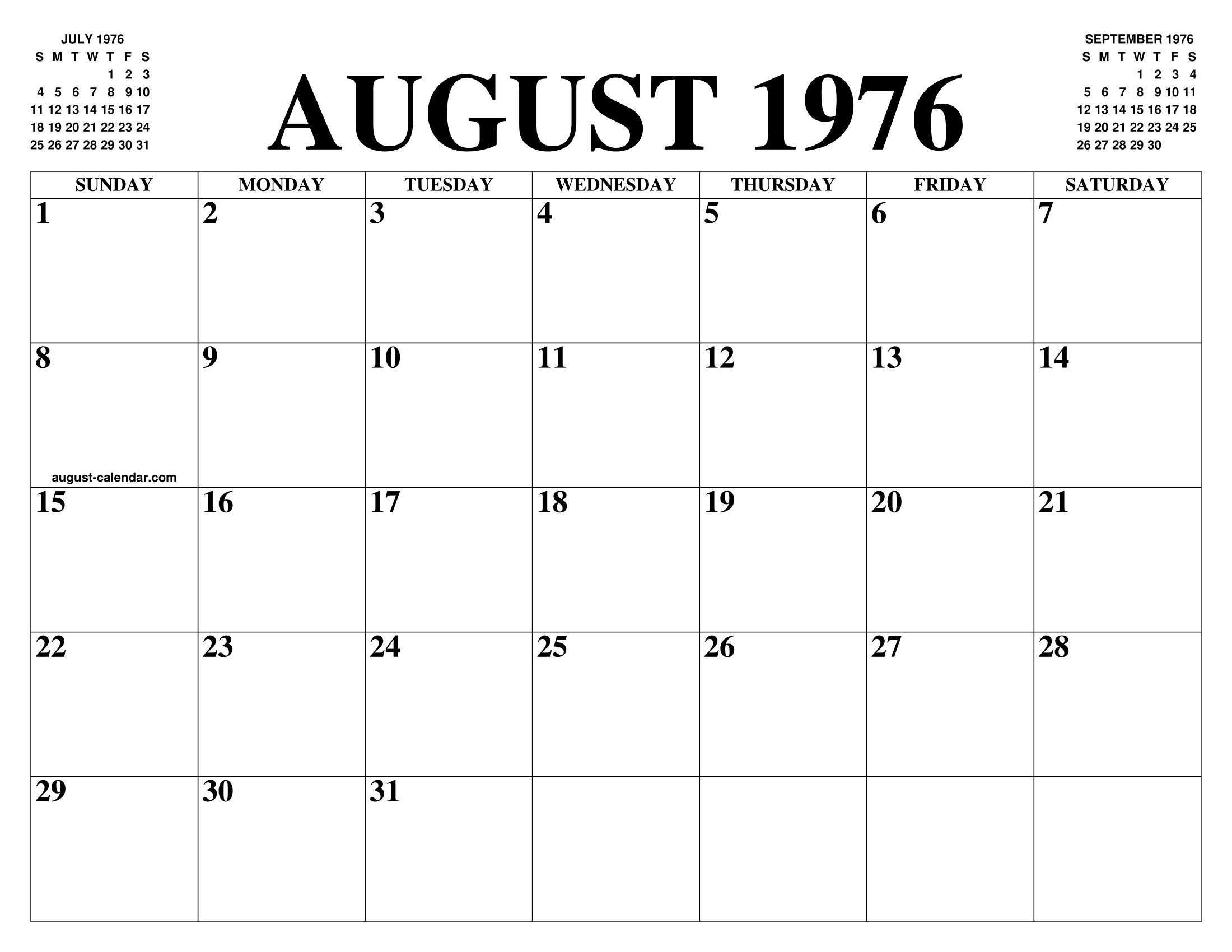 AUGUST 1976 CALENDAR OF THE MONTH: FREE PRINTABLE AUGUST CALENDAR OF THE  YEAR - AGENDA