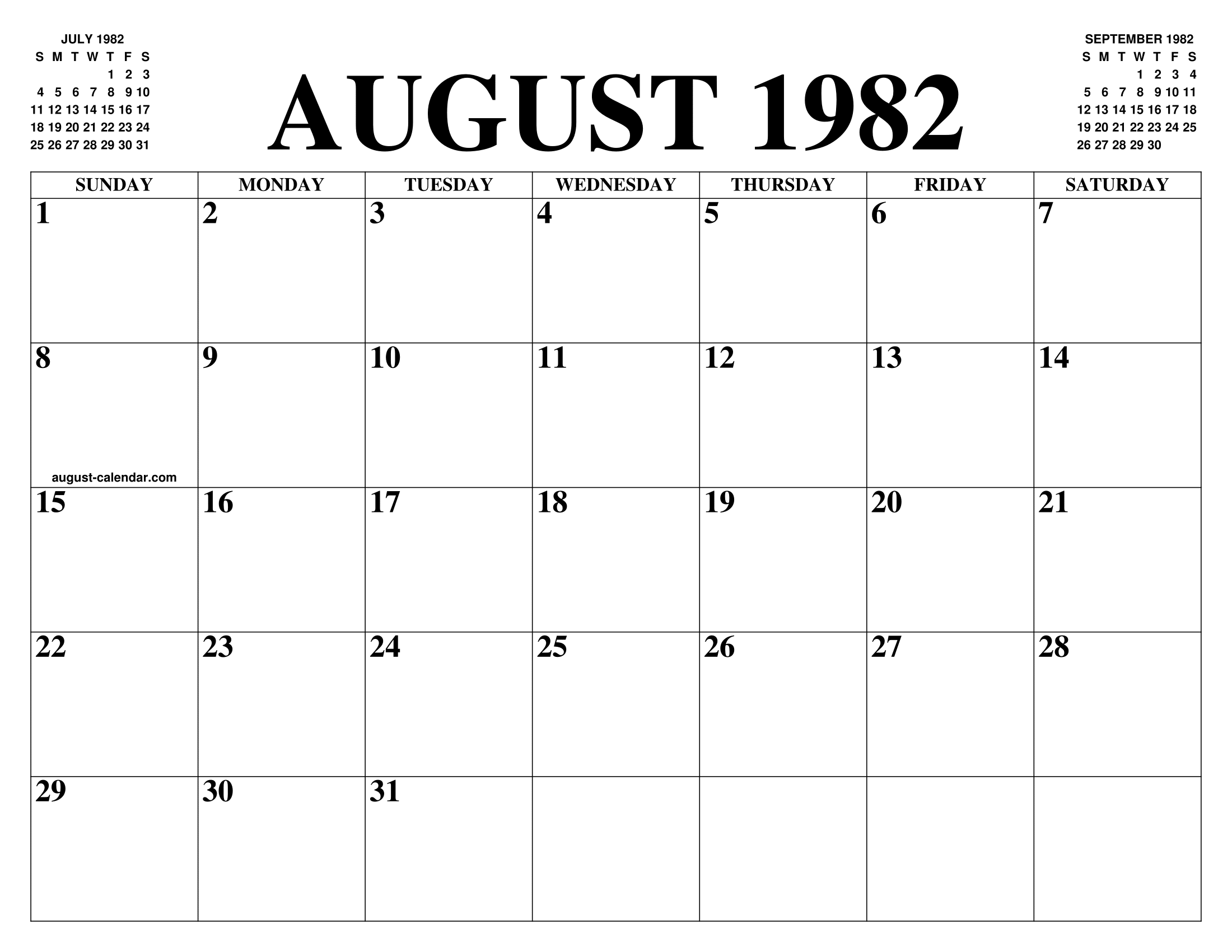 AUGUST 1982 CALENDAR OF THE MONTH: FREE PRINTABLE AUGUST CALENDAR OF THE  YEAR - AGENDA