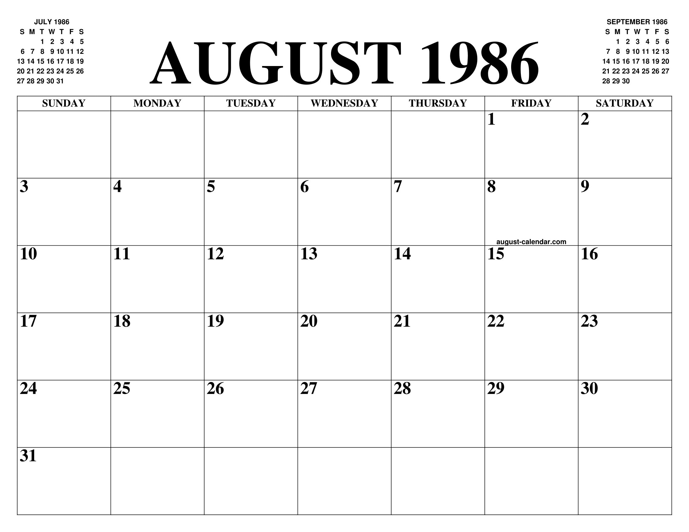 AUGUST 1986 CALENDAR OF THE MONTH FREE PRINTABLE AUGUST CALENDAR OF AUGUST 1986 CALENDAR OF THE MONTH FREE PRINTABLE AUGUST CALENDAR OF
