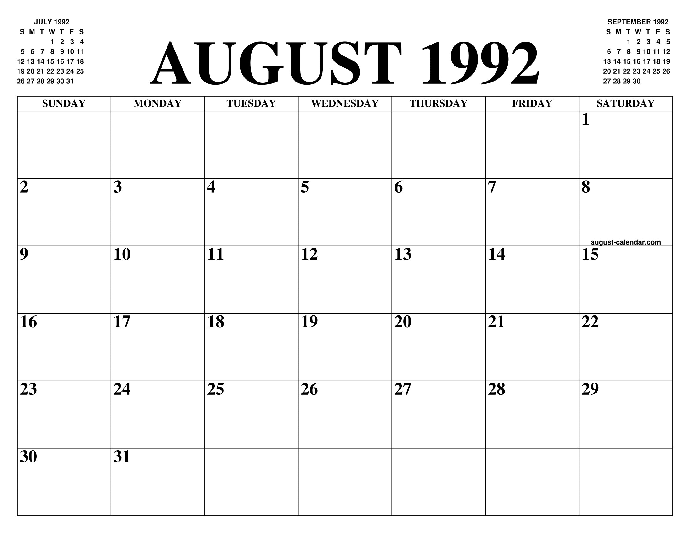 AUGUST 1992 CALENDAR OF THE MONTH: FREE PRINTABLE AUGUST CALENDAR OF THE  YEAR - AGENDA