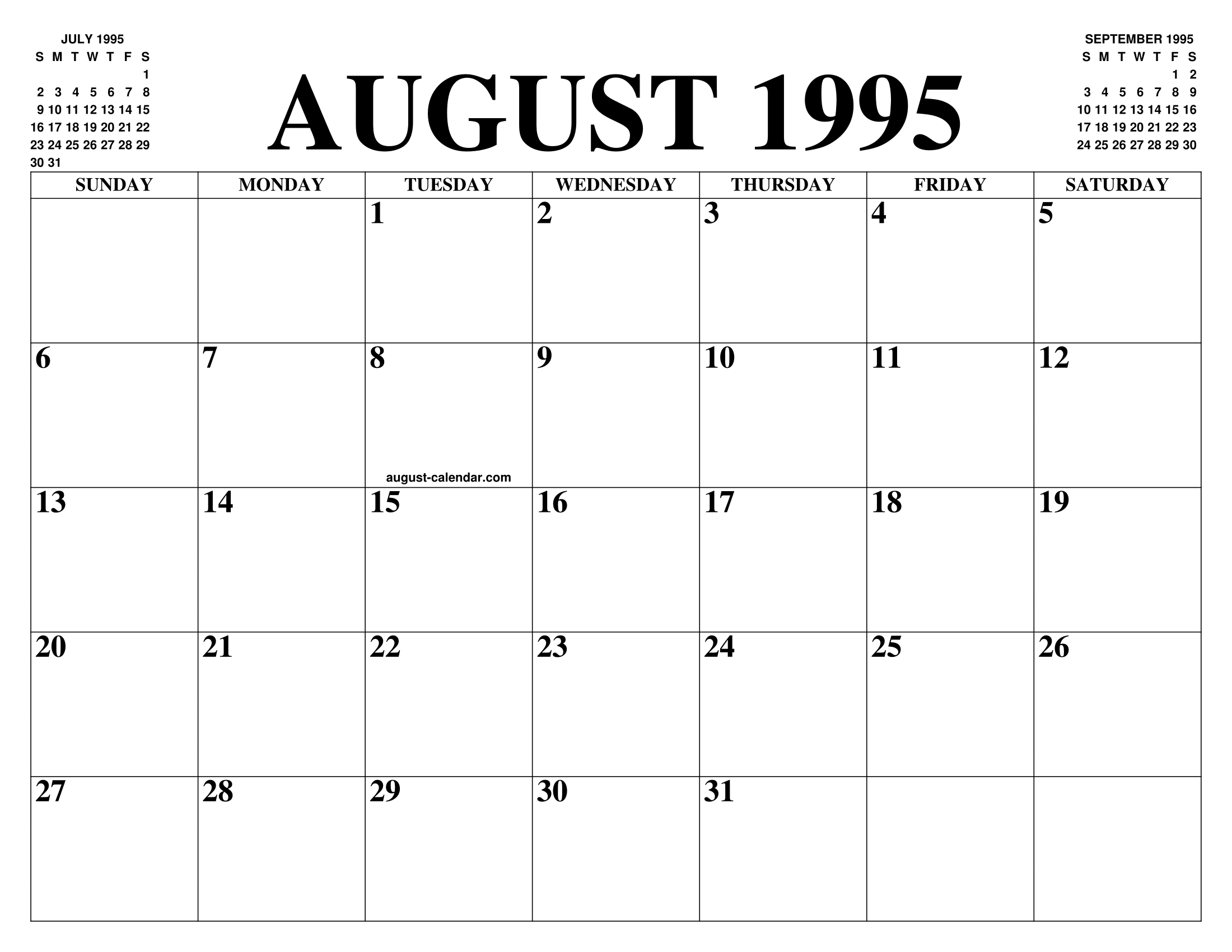 AUGUST 1995 CALENDAR OF THE MONTH: FREE PRINTABLE AUGUST CALENDAR OF THE YEAR - AGENDA