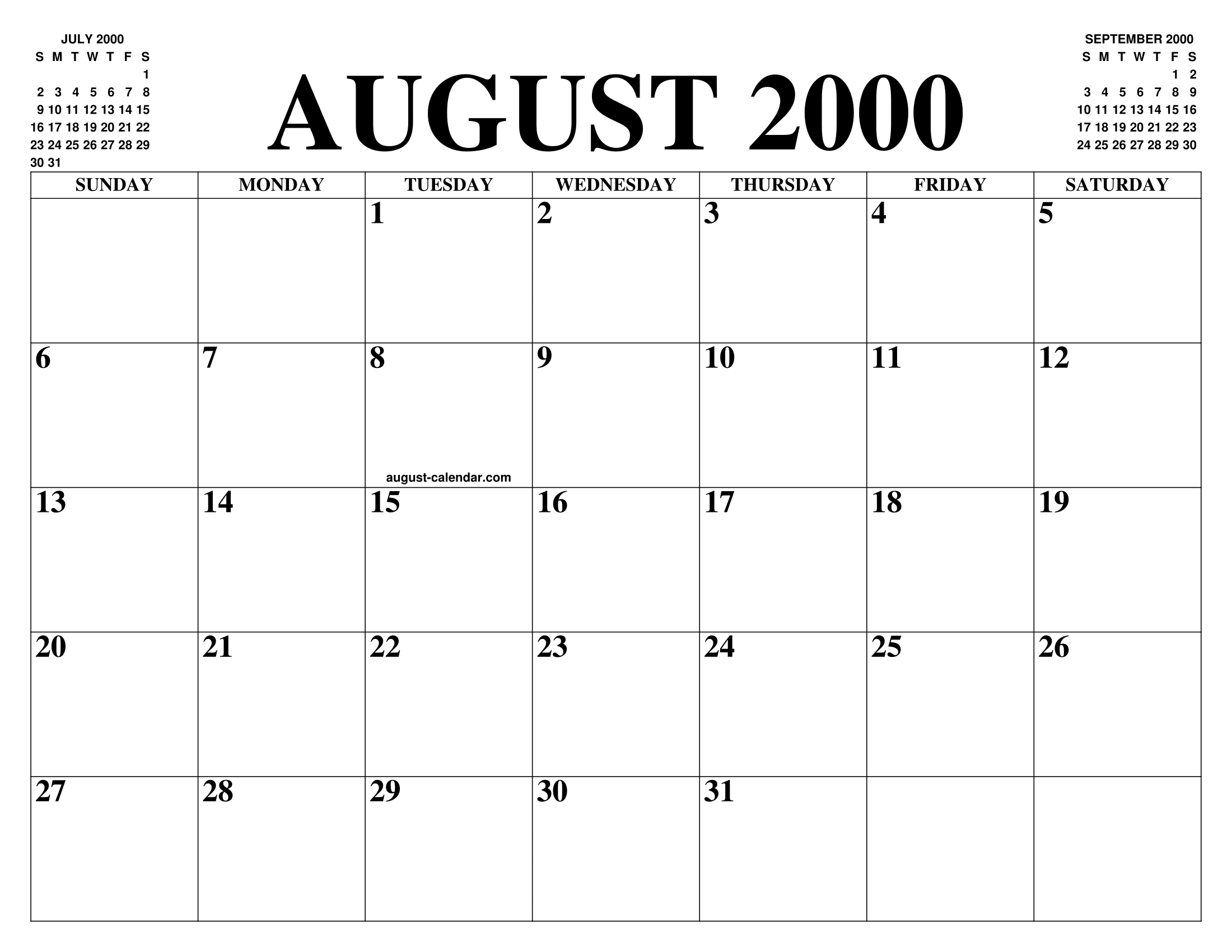 AUGUST 2000 CALENDAR OF THE MONTH FREE PRINTABLE AUGUST CALENDAR OF