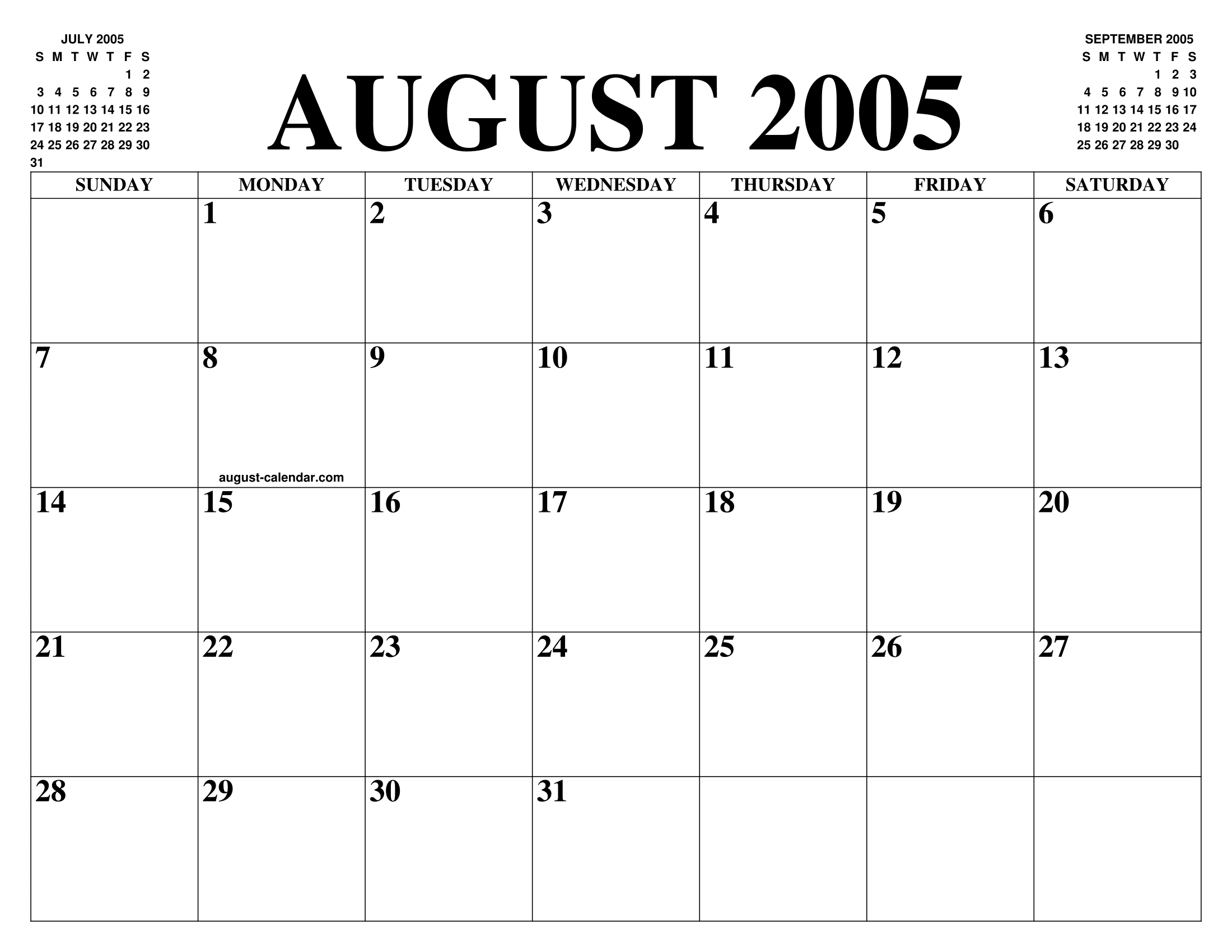 AUGUST 2005 CALENDAR OF THE MONTH: FREE PRINTABLE AUGUST CALENDAR OF