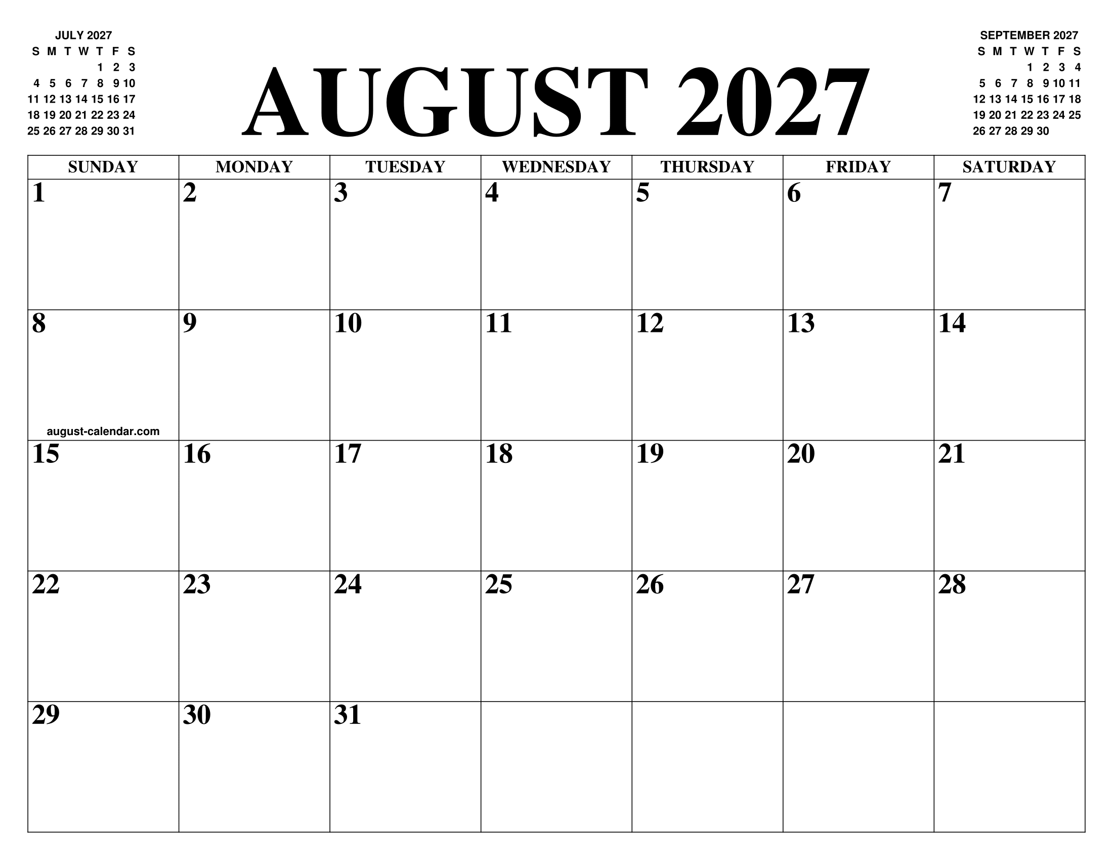 AUGUST 2027 CALENDAR OF THE MONTH: FREE PRINTABLE AUGUST CALENDAR OF