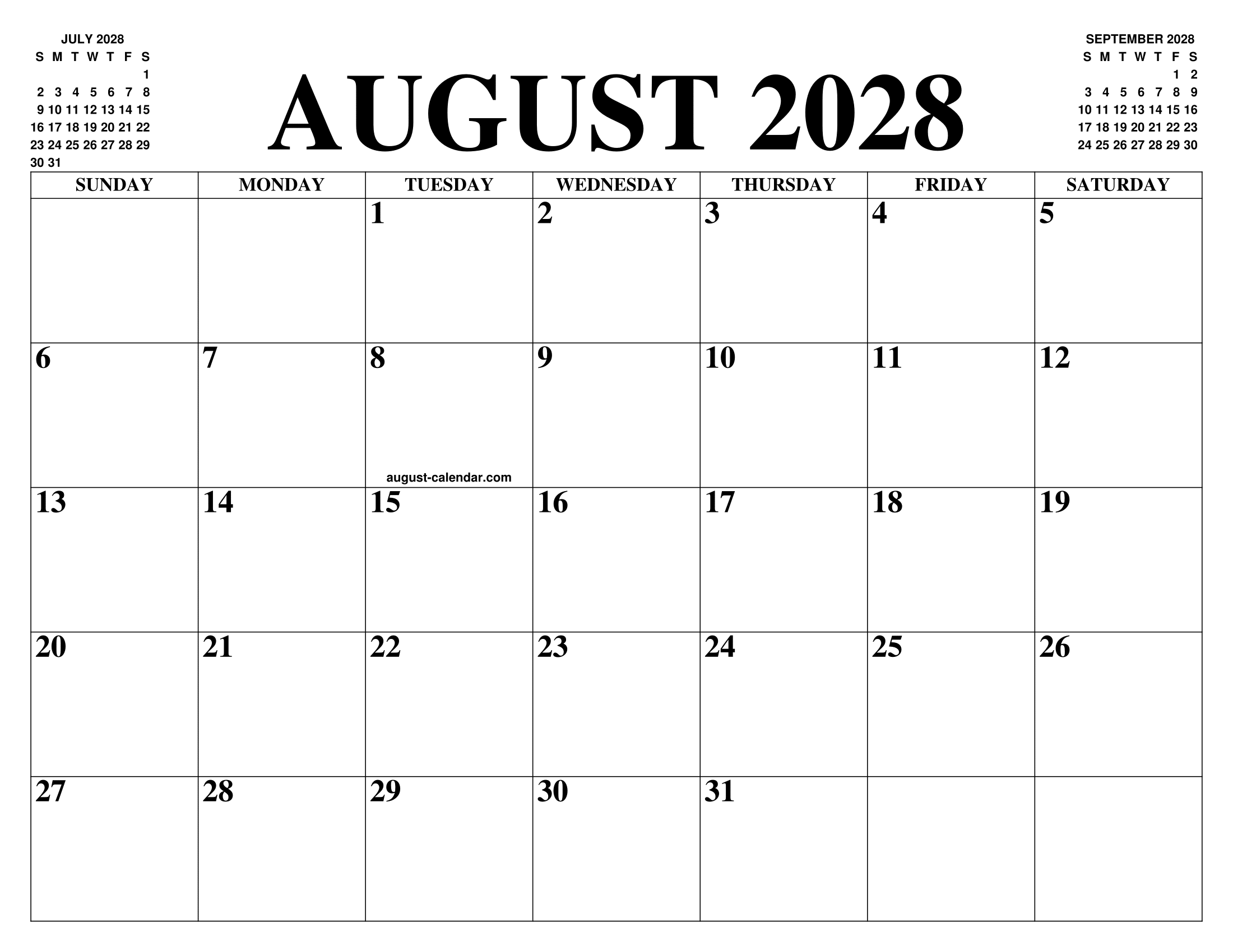 AUGUST 2028 CALENDAR OF THE MONTH: FREE PRINTABLE AUGUST CALENDAR OF THE YEAR - AGENDA