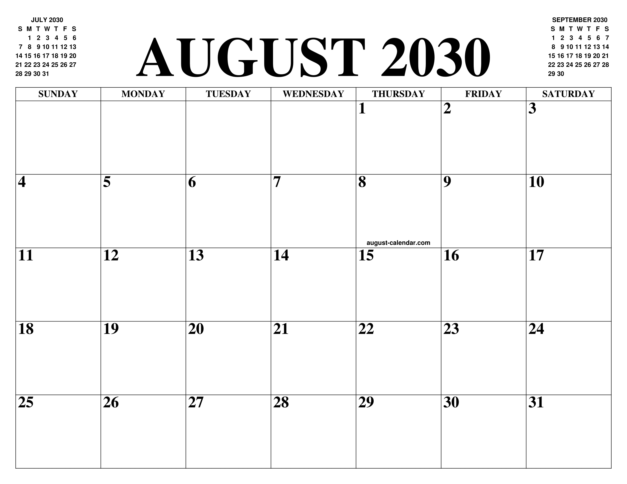 AUGUST 2030 CALENDAR OF THE MONTH: FREE PRINTABLE AUGUST CALENDAR OF THE YEAR - AGENDA AUGUST 2030 CALENDAR OF THE MONTH: FREE PRINTABLE AUGUST CALENDAR OF THE YEAR - AGENDA
