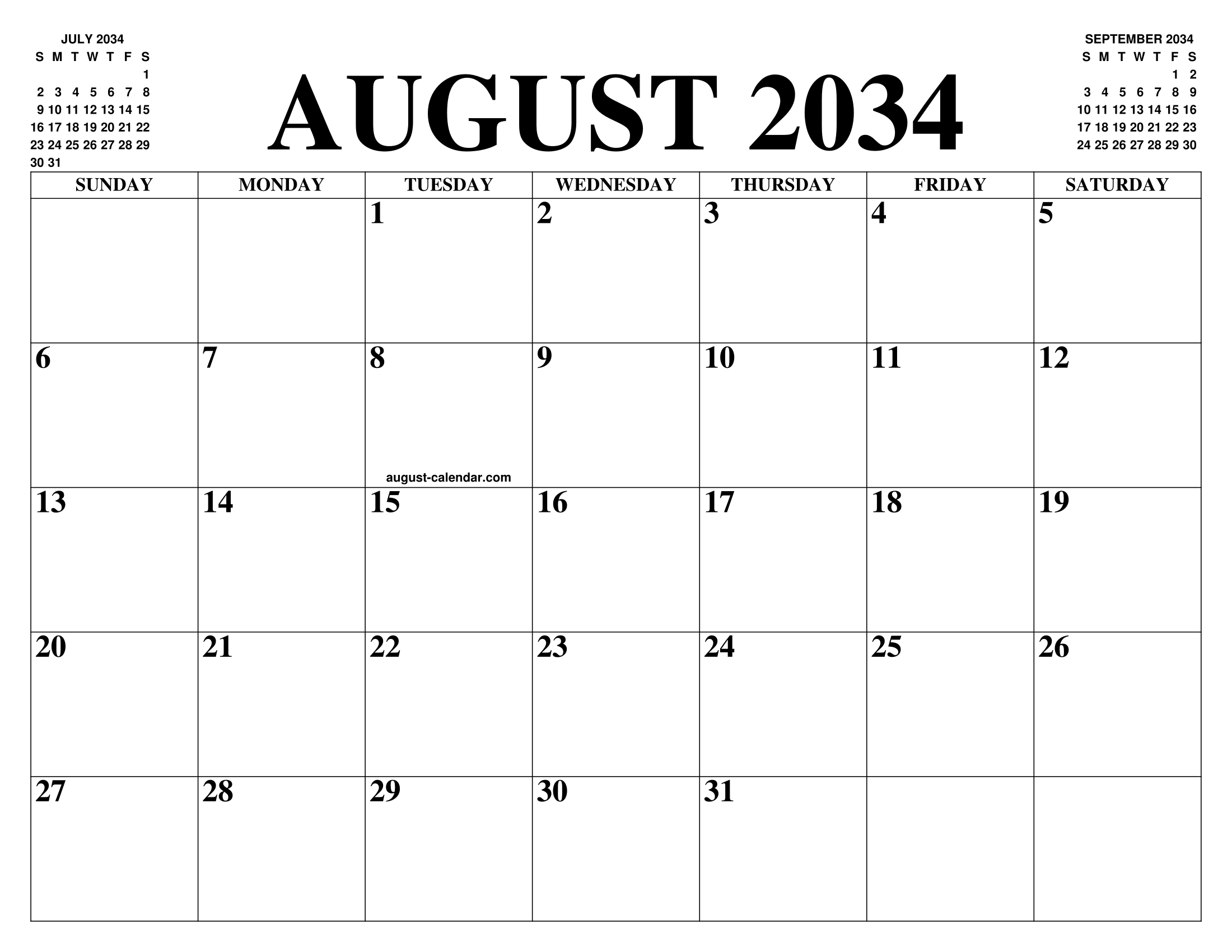 AUGUST 2034 CALENDAR OF THE MONTH: FREE PRINTABLE AUGUST CALENDAR OF THE  YEAR - AGENDA