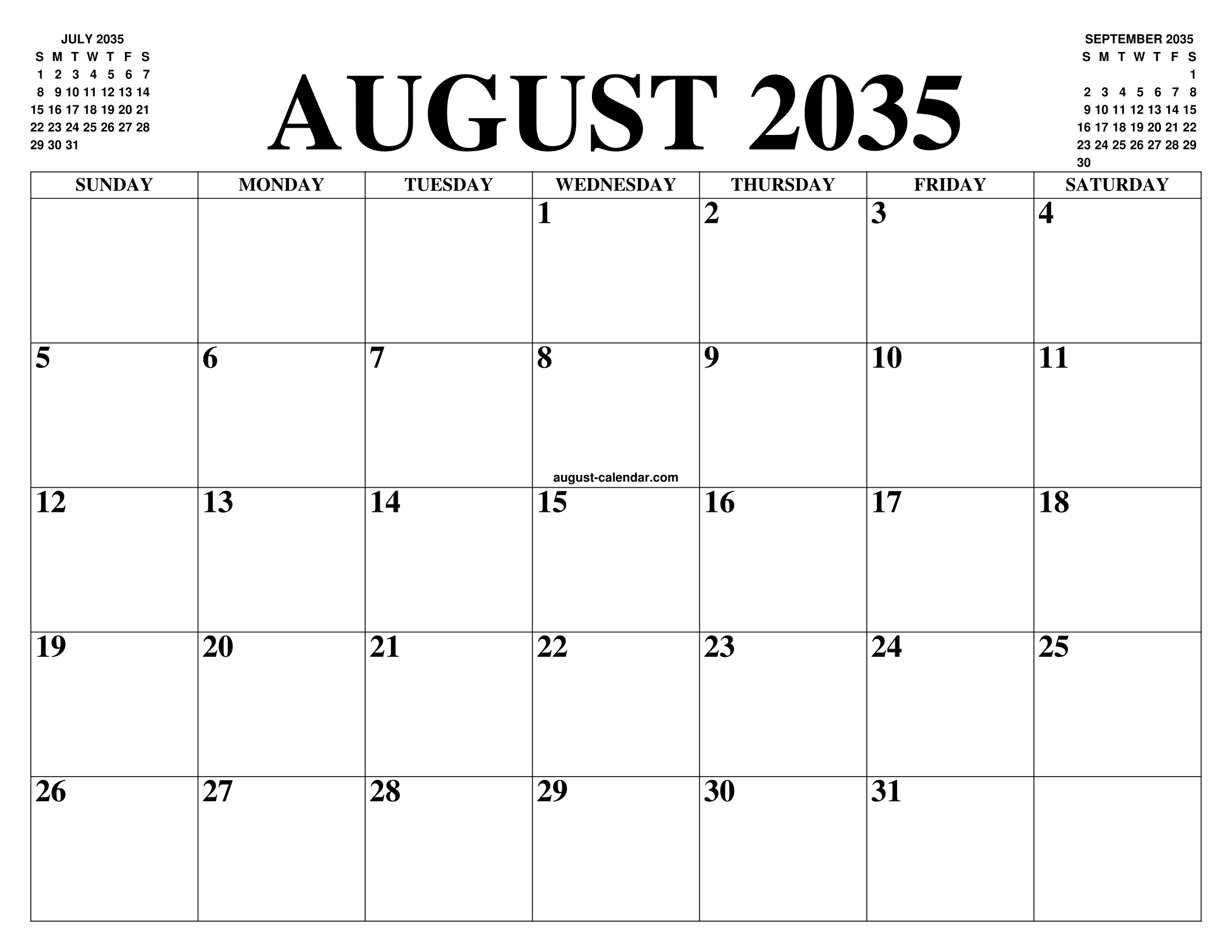 AUGUST 2035 CALENDAR OF THE MONTH: FREE PRINTABLE AUGUST CALENDAR OF THE  YEAR - AGENDA